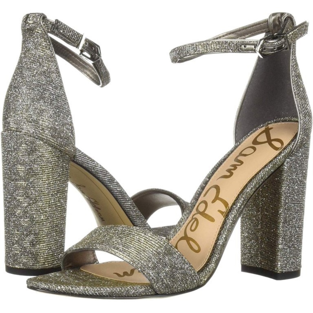 Sam Edelman YARO block heel, ankle strap, SILVER with a gold reflective sparkle